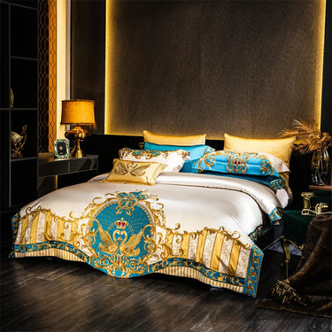 European Gold Swan Crown Luxury Embroidered Egyptian Cotton 1200TC Bedding Set